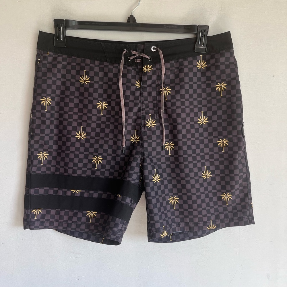 Hurley Black and Gray check Board Shorts with gold palm trees, Mens 32